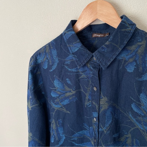 J. McLaughlin Amara Blue Denim Floral Jacquard Shirt Dress Long Sleeve Size L - Picture 3 of 14